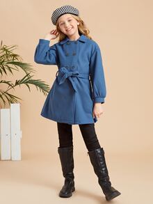 SHEIN Girls Drop Shoulder Double Breasted Belted Overcoat - Royal Blue - View 6