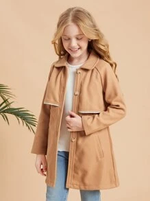 SHEIN Girls Raglan Sleeve Button Front Overcoat - Khaki - View 1