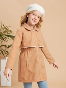 SHEIN Girls Raglan Sleeve Button Front Overcoat - Khaki - View 3