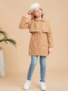 SHEIN Girls Raglan Sleeve Button Front Overcoat - Khaki - View 5