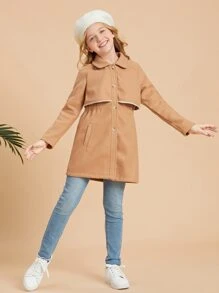 SHEIN Girls Raglan Sleeve Button Front Overcoat - Khaki - View 6