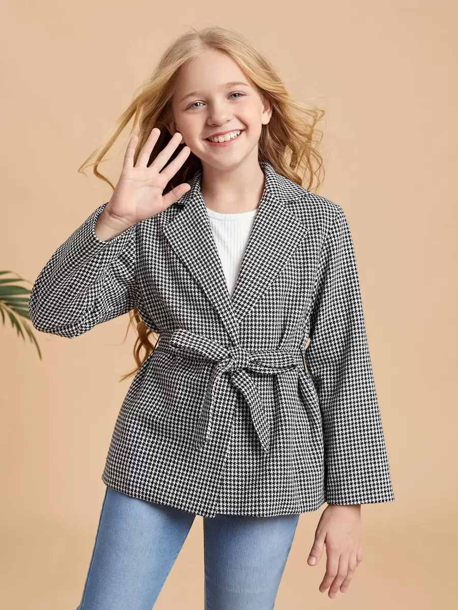 SHEIN Girls Drop Shoulder Houndstooth Pattern Cross Wrap Belted Coat - Black and White - View 1