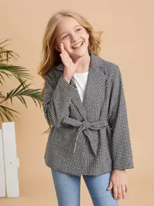 SHEIN Girls Drop Shoulder Houndstooth Pattern Cross Wrap Belted Coat - Black and White - View 3