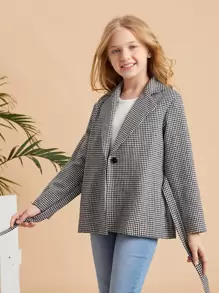 SHEIN Girls Drop Shoulder Houndstooth Pattern Cross Wrap Belted Coat - Black and White - View 4