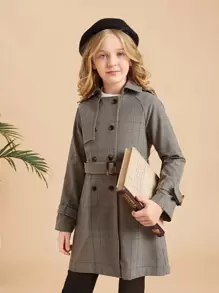 SHEIN 女孩威爾斯親王格紋插肩袖雙排釦腰帶風衣外套