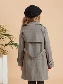 SHEIN 女孩威爾斯親王格紋插肩袖雙排釦腰帶風衣外套