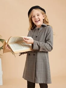 SHEIN 女孩威爾斯親王格紋插肩袖雙排釦腰帶風衣外套