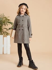 SHEIN 女孩威爾斯親王格紋插肩袖雙排釦腰帶風衣外套