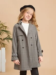 SHEIN 女孩威爾斯親王格紋插肩袖雙排釦腰帶風衣外套