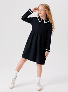 SHEIN Girls Peter Pan Collar Smock Dress - Navy Blue - View 1