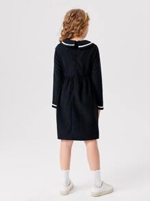 SHEIN Girls Peter Pan Collar Smock Dress - Navy Blue - View 2