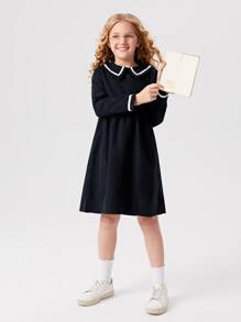 SHEIN Girls Peter Pan Collar Smock Dress - Navy Blue - View 4