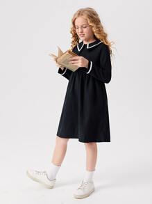 SHEIN Girls Peter Pan Collar Smock Dress - Navy Blue - View 5