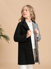 SHEIN Áo bành tô cho cô gái Túi Nút phía trước răng cưa Ăn mặc đẹp - Đen và trắng - Xem 1