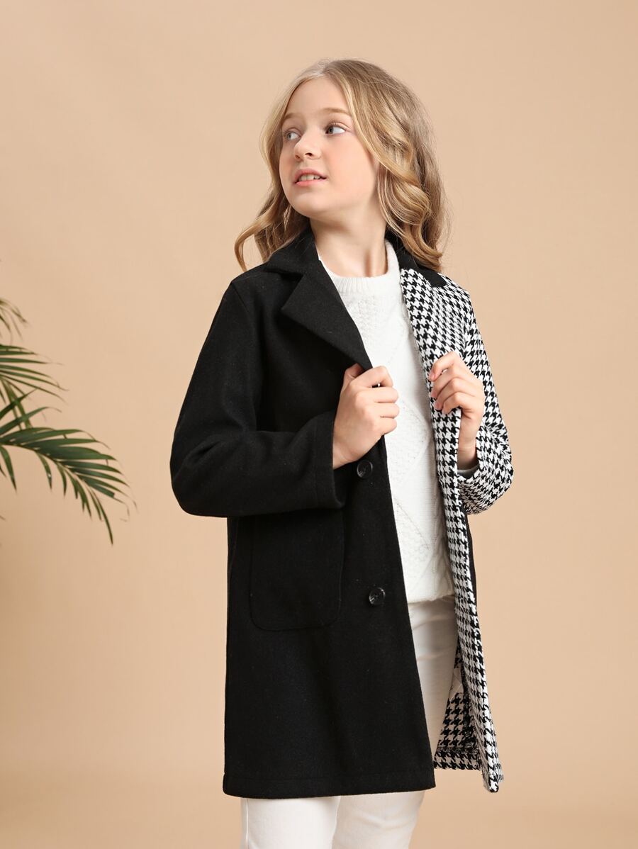 SHEIN Áo bành tô cho cô gái Túi Nút phía trước răng cưa Ăn mặc đẹp - Đen và trắng - Xem 1