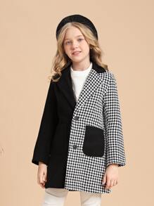 SHEIN Áo bành tô cho cô gái Túi Nút phía trước răng cưa Ăn mặc đẹp - Đen và trắng - Xem 2