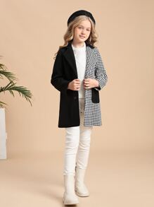 SHEIN Áo bành tô cho cô gái Túi Nút phía trước răng cưa Ăn mặc đẹp - Đen và trắng - Xem 3