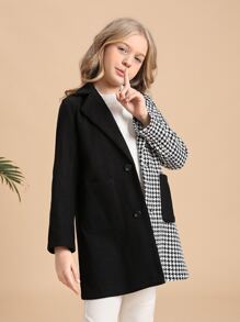 SHEIN Áo bành tô cho cô gái Túi Nút phía trước răng cưa Ăn mặc đẹp - Đen và trắng - Xem 5