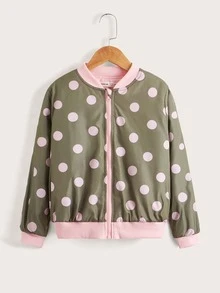 SHEIN Girls Polka Dot Zipper Bomber Jacket - Multicolor - View 1