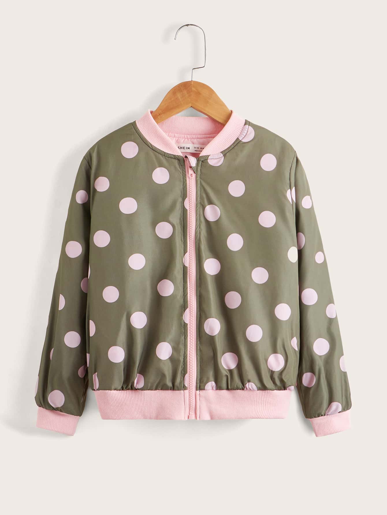 SHEIN Girls Polka Dot Zipper Bomber Jacket - Multicolor - View 1