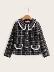 SHEIN Girls Plaid Lace Trim Tweed Jacket - Black - View 1