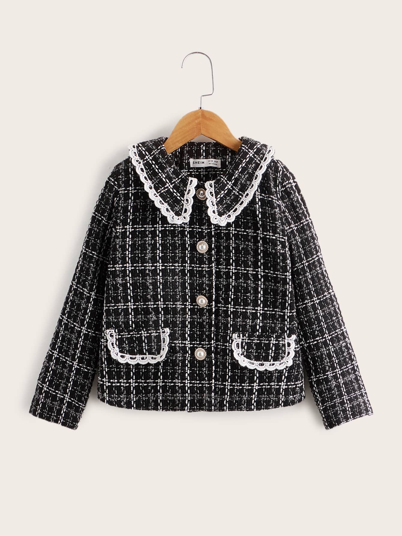 SHEIN Girls Plaid Lace Trim Tweed Jacket - Black - View 1