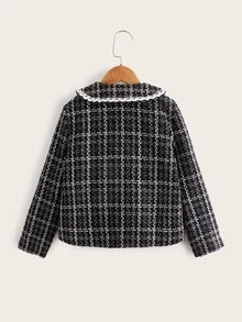 SHEIN Girls Plaid Lace Trim Tweed Jacket - Black - View 2