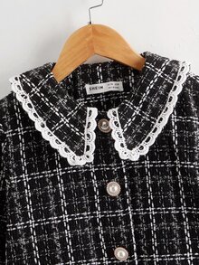 SHEIN Girls Plaid Lace Trim Tweed Jacket - Black - View 3