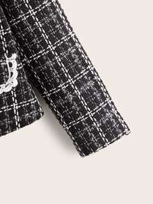 SHEIN Girls Plaid Lace Trim Tweed Jacket - Black - View 4