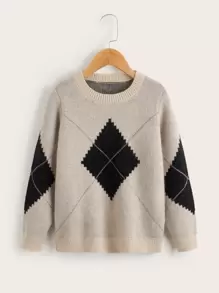 SHEIN Boys Round Neck Argyle Pattern Sweater - Multicolor - View 1