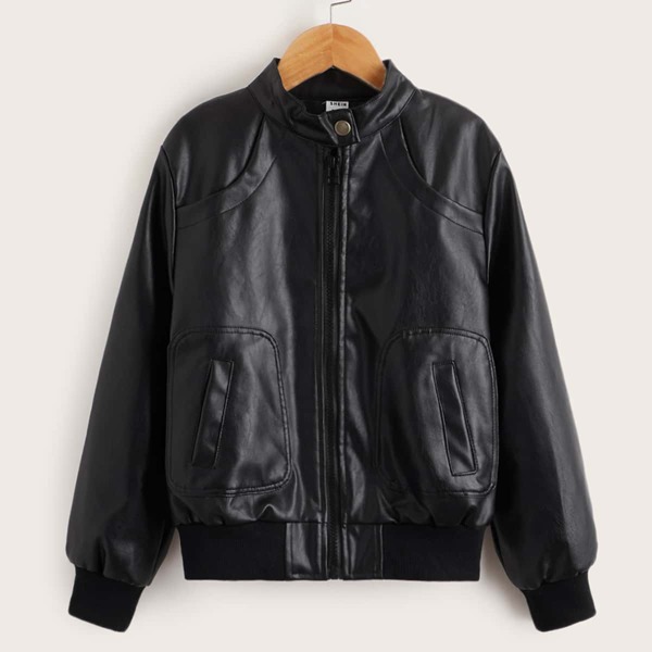 

Boys Slant Pockets PU Leather Jacket, Black