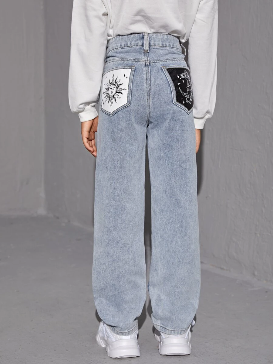 SHEIN Girls Sun & Moon Print Jeans - Light Wash - View 1