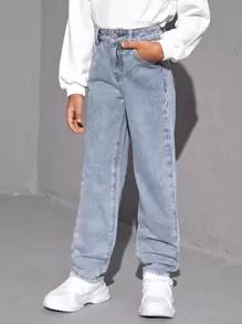 SHEIN Girls Sun & Moon Print Jeans - Light Wash - View 6