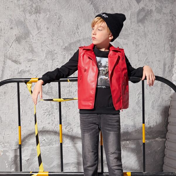 

Boys Solid Zip Front PU Leather Vest Jacket, Red