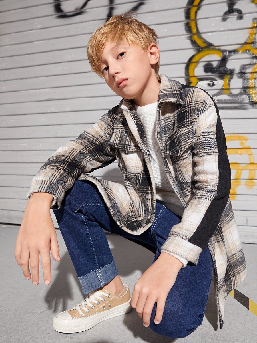 SHEIN 男孩格紋印花翻蓋口袋外套