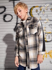 SHEIN 男孩格紋印花翻蓋口袋外套