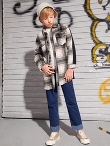 SHEIN 男孩格紋印花翻蓋口袋外套