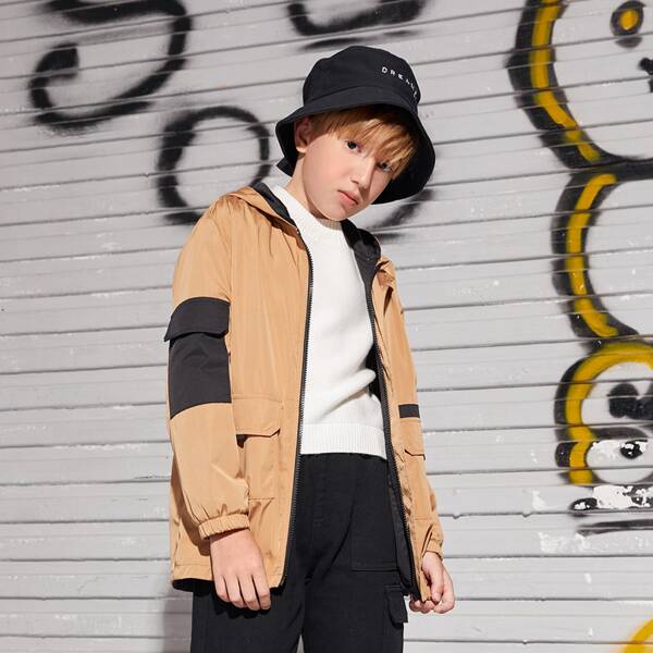 

Boys Flap Pocket Zip Up Hooded Coat, Khaki