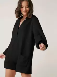 Muchica Women's Fashionable Versatile Solid Color Double Pocket Romper - Black - View 1