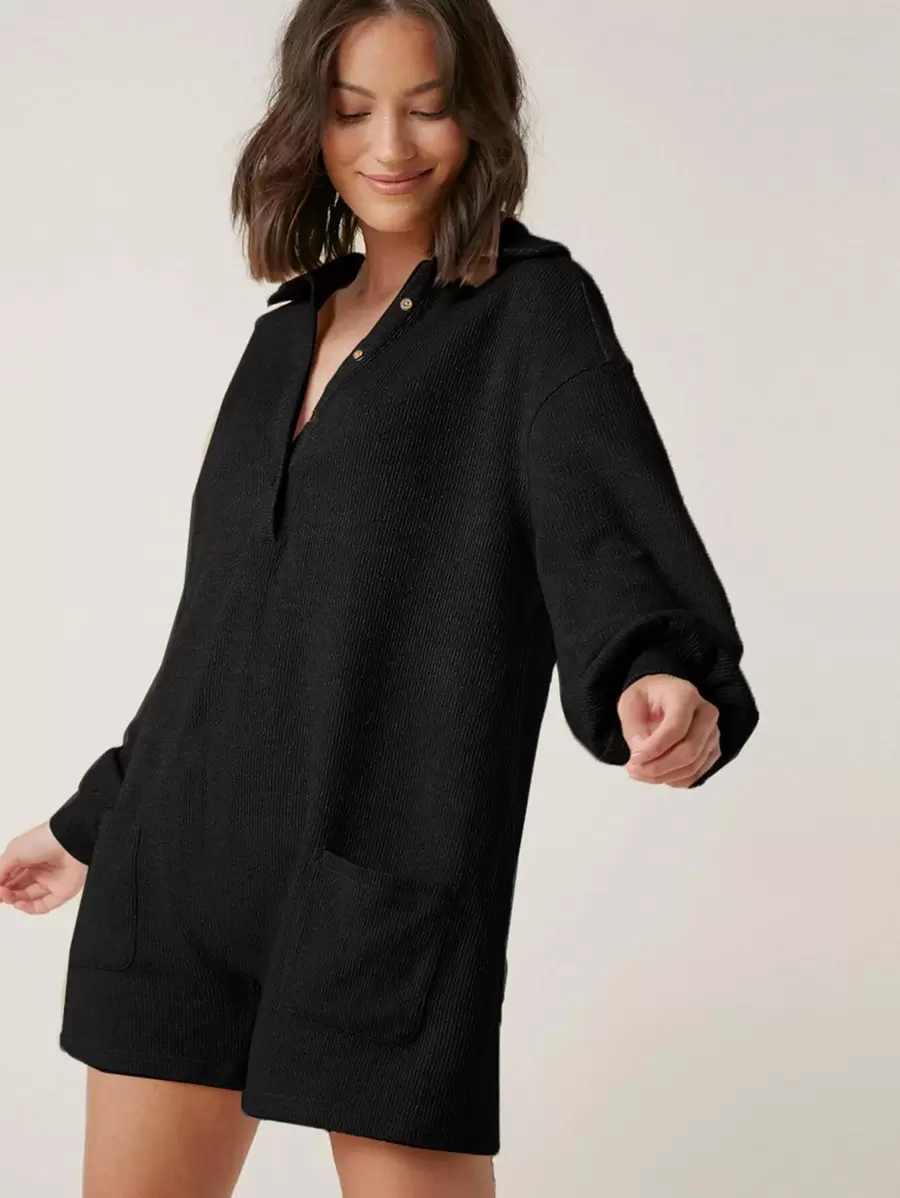 Muchica Women's Fashionable Versatile Solid Color Double Pocket Romper - Black - View 1