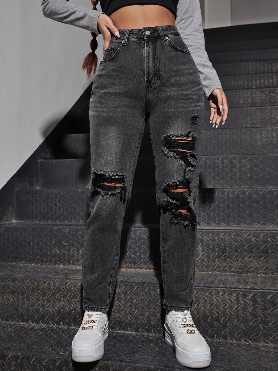 SHEIN EZwear 高腰破洞媽媽牛仔褲 - 黑色 - 查看 1