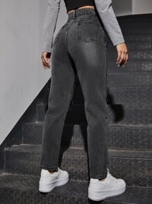 SHEIN EZwear 高腰破洞媽媽牛仔褲 - 黑色 - 查看 2