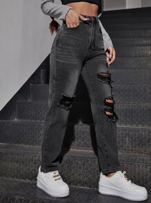 SHEIN EZwear 高腰破洞媽媽牛仔褲 - 黑色 - 查看 3