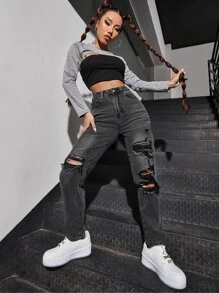 SHEIN EZwear 高腰破洞媽媽牛仔褲 - 黑色 - 查看 4