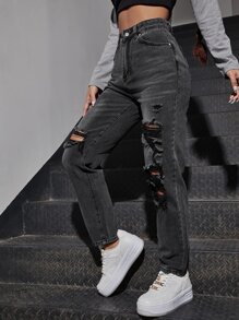 SHEIN EZwear 高腰破洞媽媽牛仔褲 - 黑色 - 查看 5