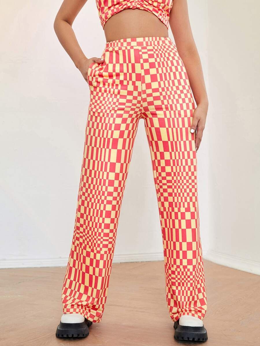 SHEIN Checker Print Slant Pocket High Waist Trousers - Multicolor - View 1