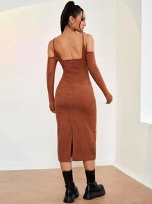 SHEIN Privé Cut Out Cold Shoulder Backless Slit Hem Bodycon Dress - Burnt Orange - View 2