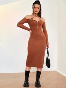 SHEIN Privé Cut Out Cold Shoulder Backless Slit Hem Bodycon Dress - Burnt Orange - View 3