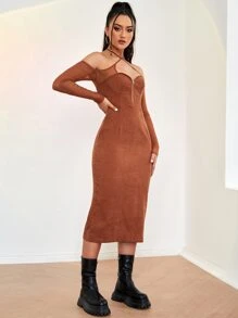 SHEIN Privé Cut Out Cold Shoulder Backless Slit Hem Bodycon Dress - Burnt Orange - View 4