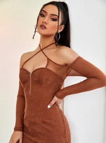 SHEIN Privé Cut Out Cold Shoulder Backless Slit Hem Bodycon Dress - Burnt Orange - View 5
